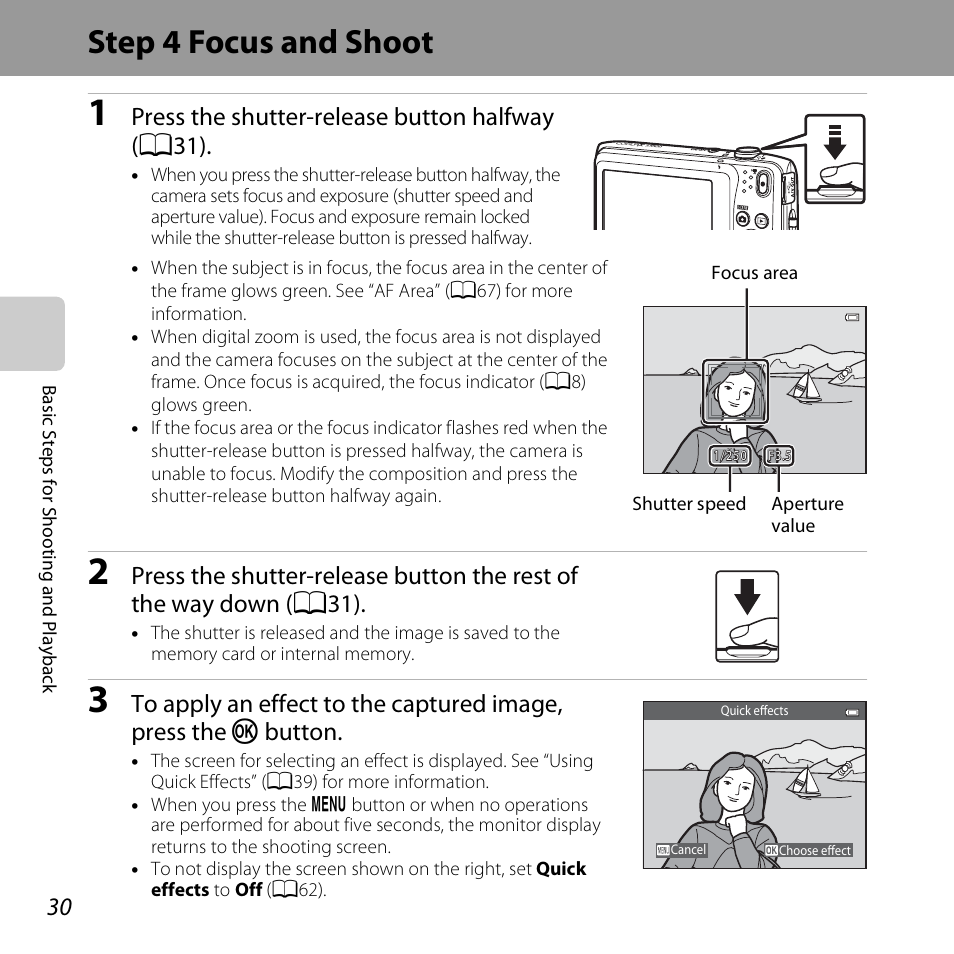 Step 4 focus and shoot, Press the shutter-release button halfway ( a31 ) | Nikon S3500 User Manual | Page 48 / 248