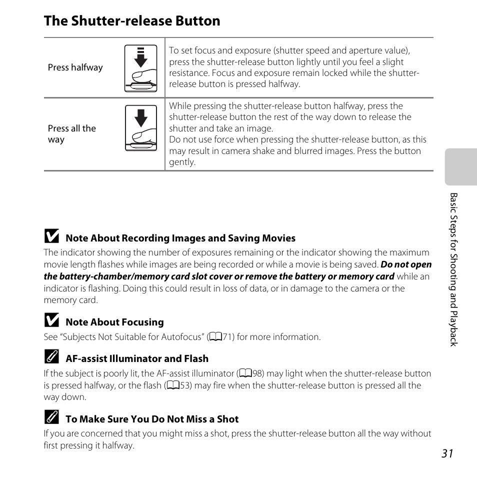 The shutter-release button, A31) | Nikon S3500 User Manual | Page 49 / 248