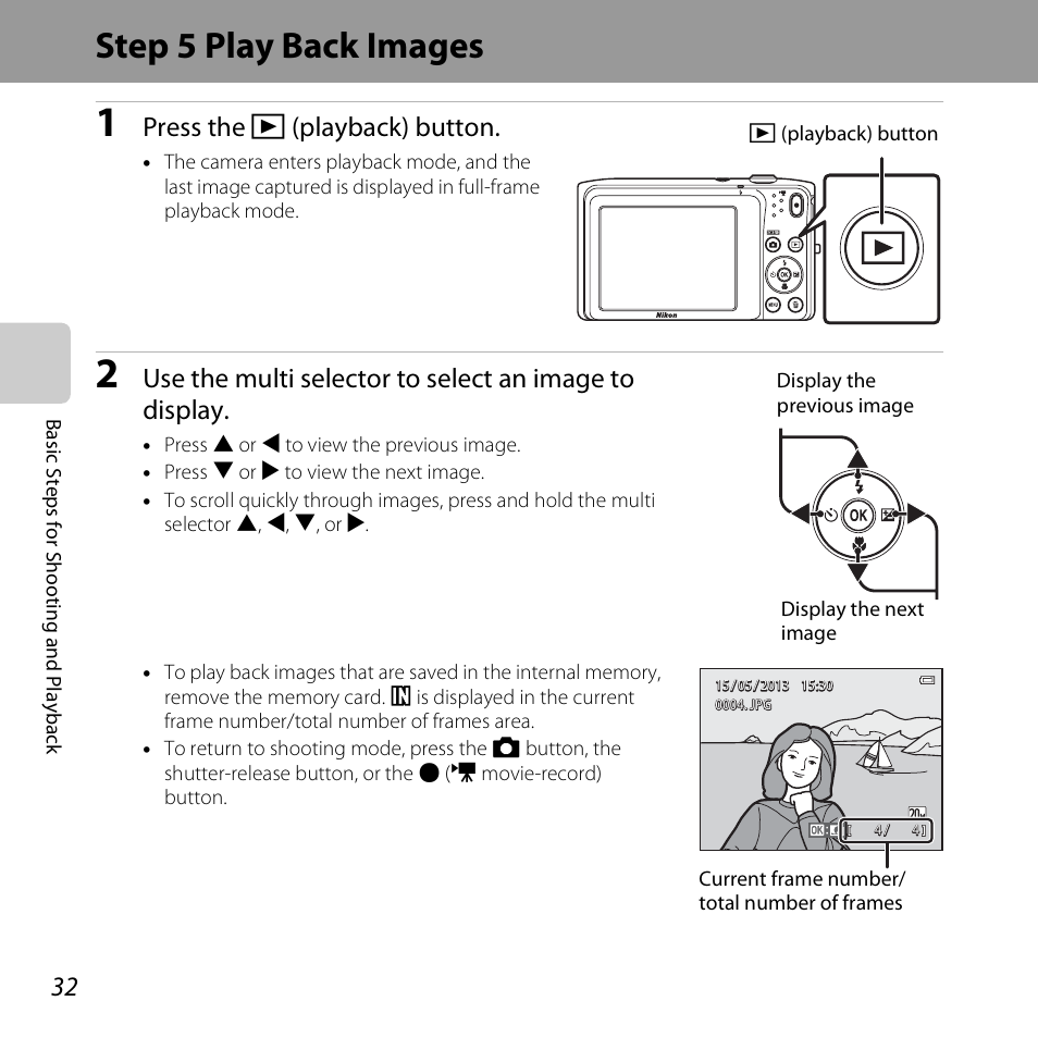 Step 5 play back images, Press the c (playback) button | Nikon S3500 User Manual | Page 50 / 248
