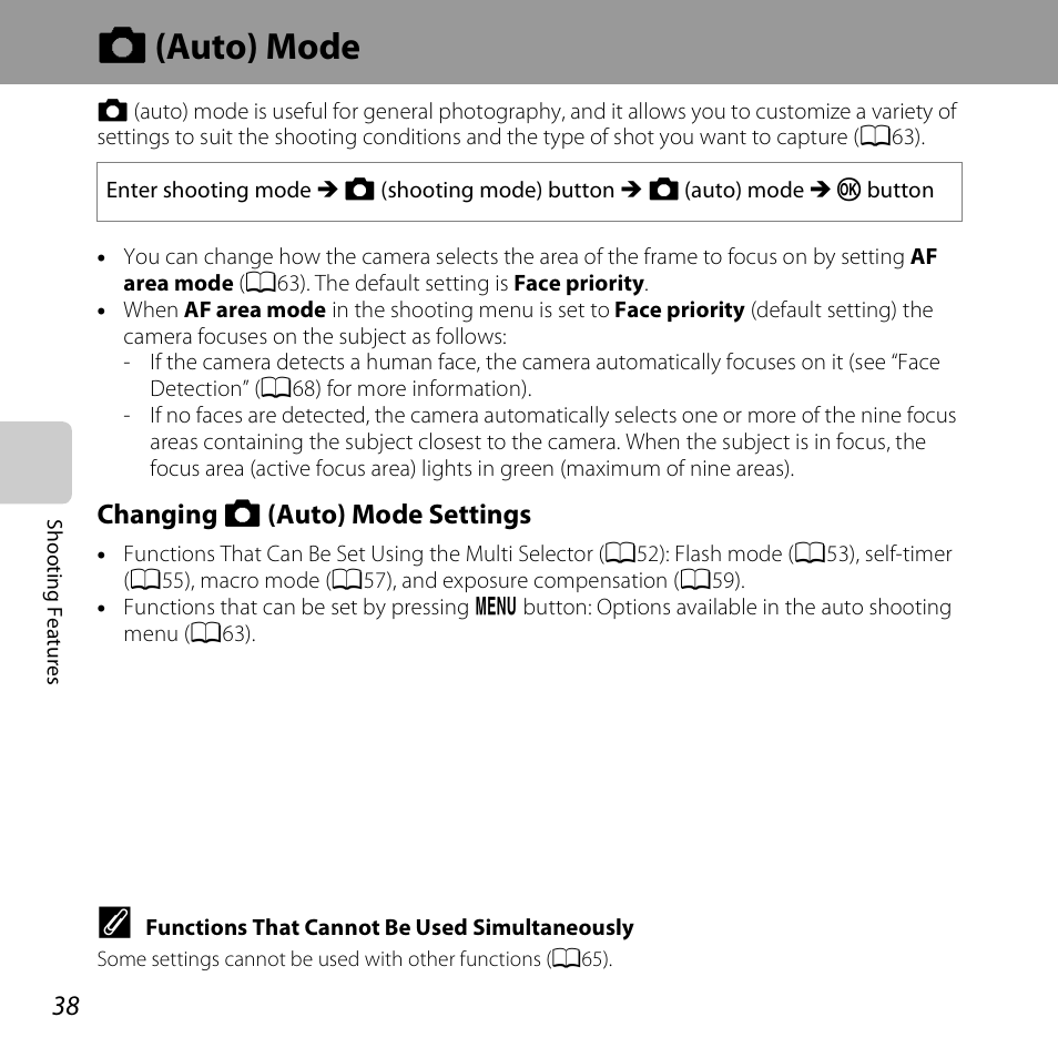 Auto mode, A (auto) mode, Changing a (auto) mode settings | Nikon S3500 User Manual | Page 56 / 248