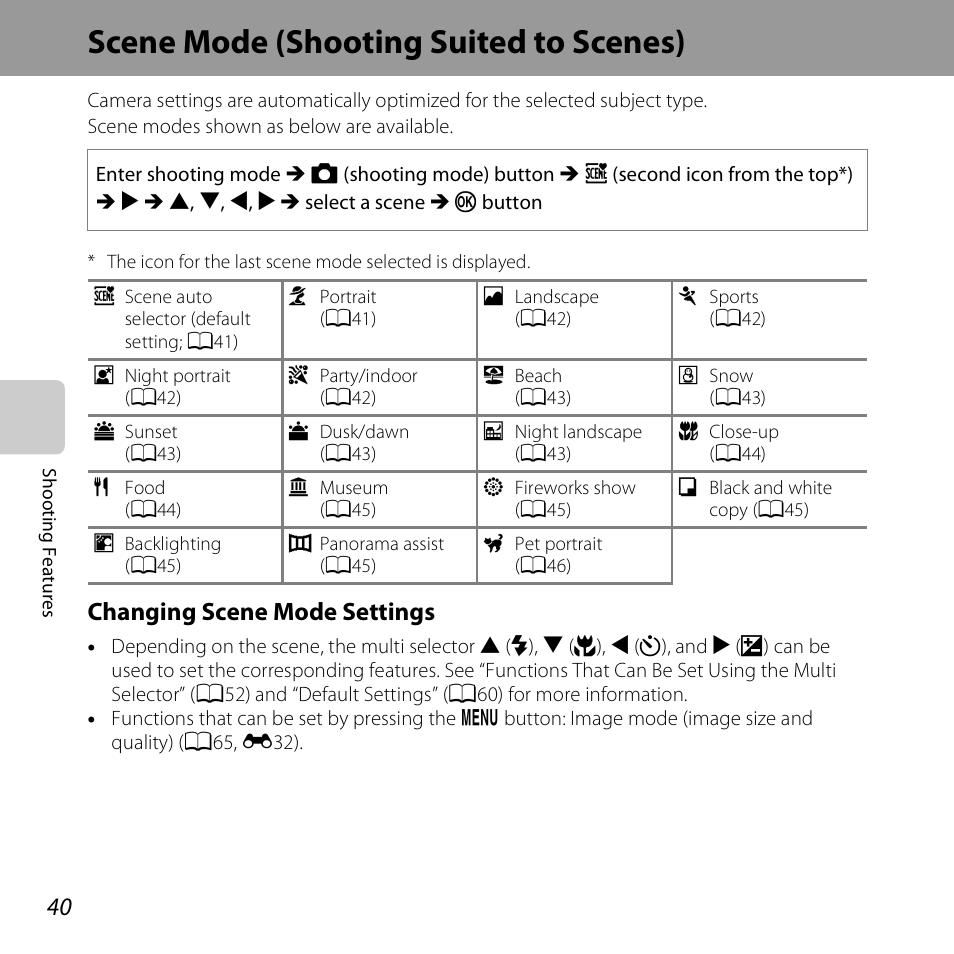 Scene mode (shooting suited to scenes), Changing scene mode settings | Nikon S3500 User Manual | Page 58 / 248