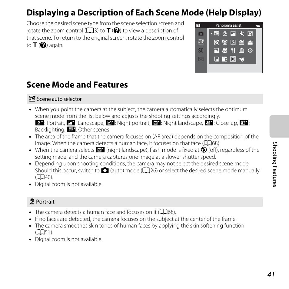 Scene mode and features | Nikon S3500 User Manual | Page 59 / 248