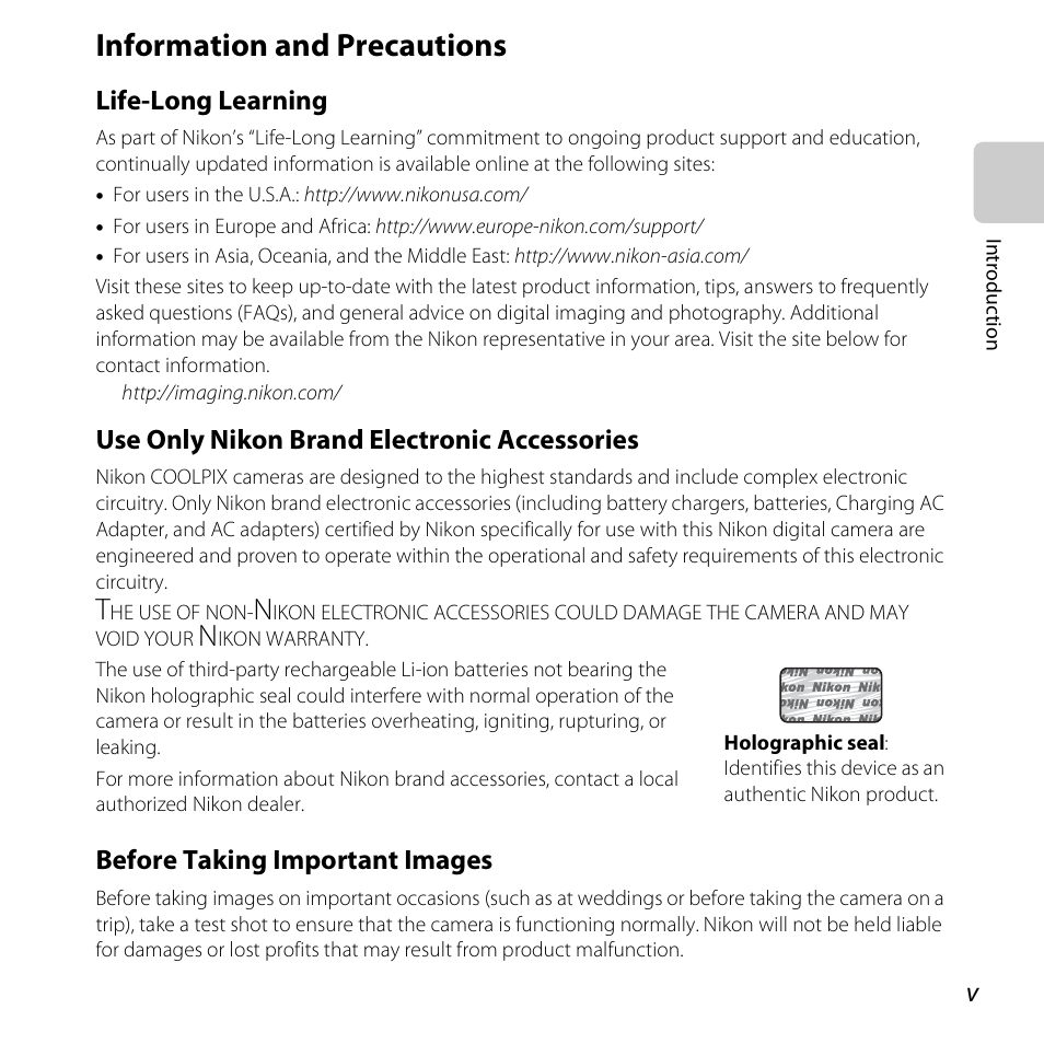 Information and precautions, Life-long learning, Use only nikon brand electronic accessories | Before taking important images | Nikon S3500 User Manual | Page 7 / 248