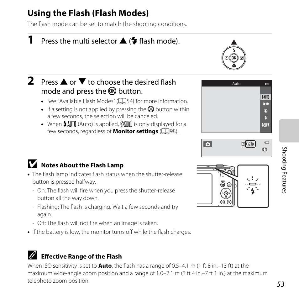 Using the flash (flash modes), A53) f, A53) | Nikon S3500 User Manual | Page 71 / 248