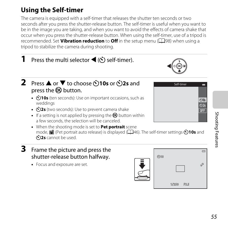 Using the self-timer, A55), Press the multi selector j (n self-timer) | Nikon S3500 User Manual | Page 73 / 248