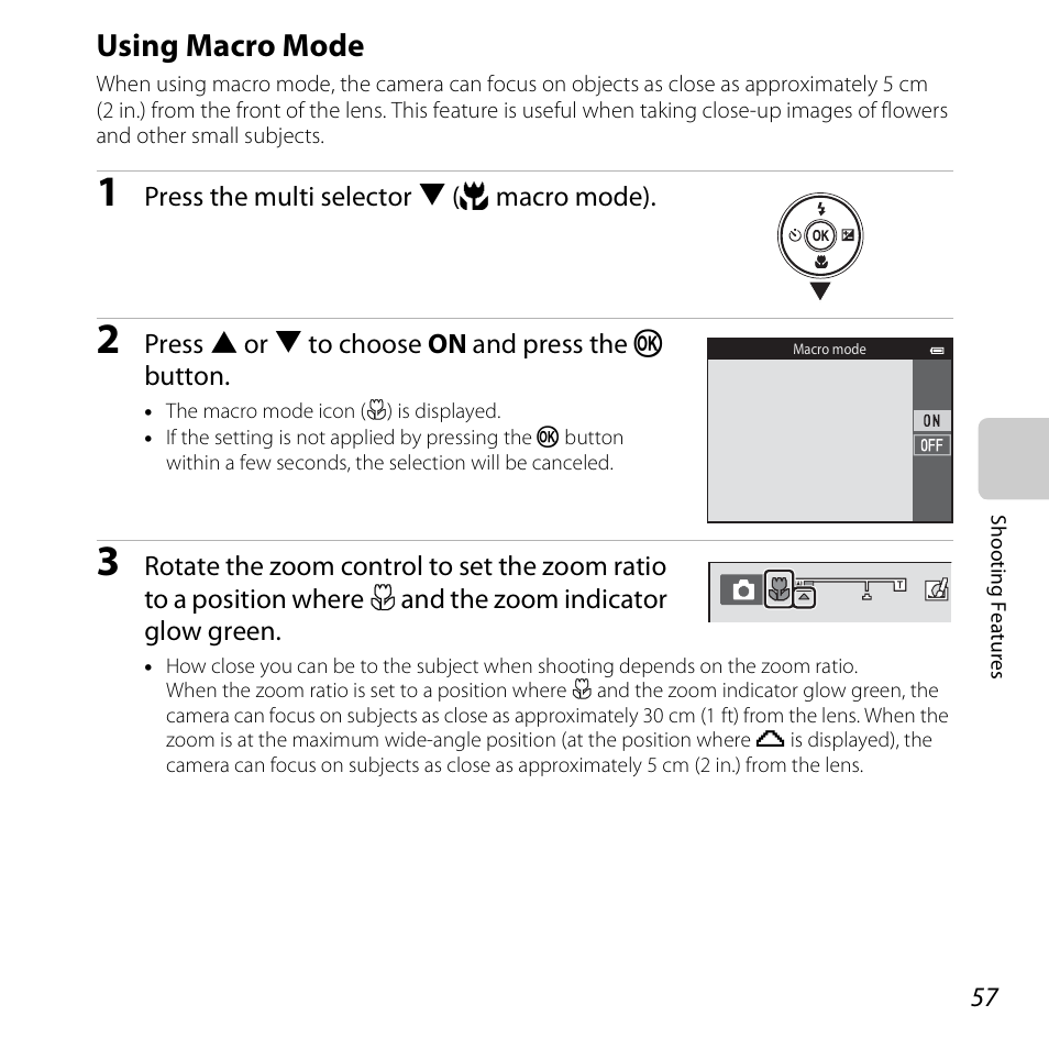 Using macro mode, A57) f, A57) | Nikon S3500 User Manual | Page 75 / 248