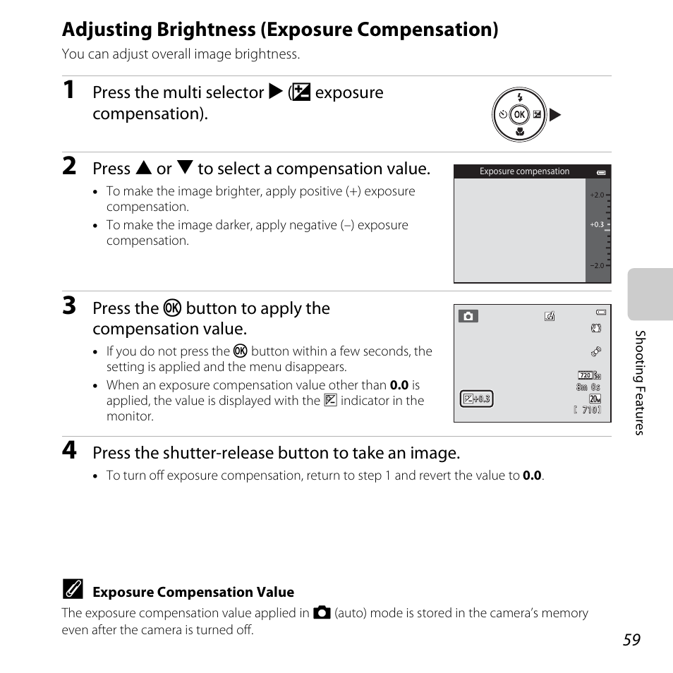 Adjusting brightness (exposure compensation), A59) | Nikon S3500 User Manual | Page 77 / 248
