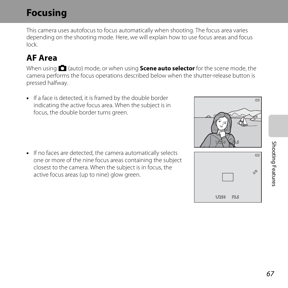 Focusing, Af area, E “af area | A67) f | Nikon S3500 User Manual | Page 85 / 248