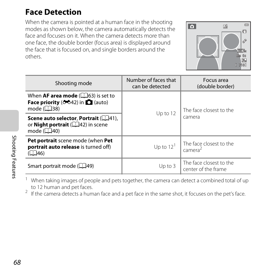 Face detection, Tection (a68), Ee “face | Detection, A68) for, A68), E “face detection” (a68) | Nikon S3500 User Manual | Page 86 / 248
