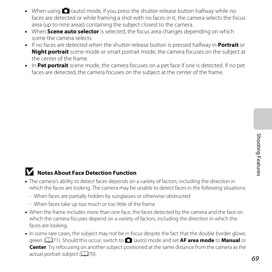 See “notes about face detection function” (a69) | Nikon S3500 User Manual | Page 87 / 248