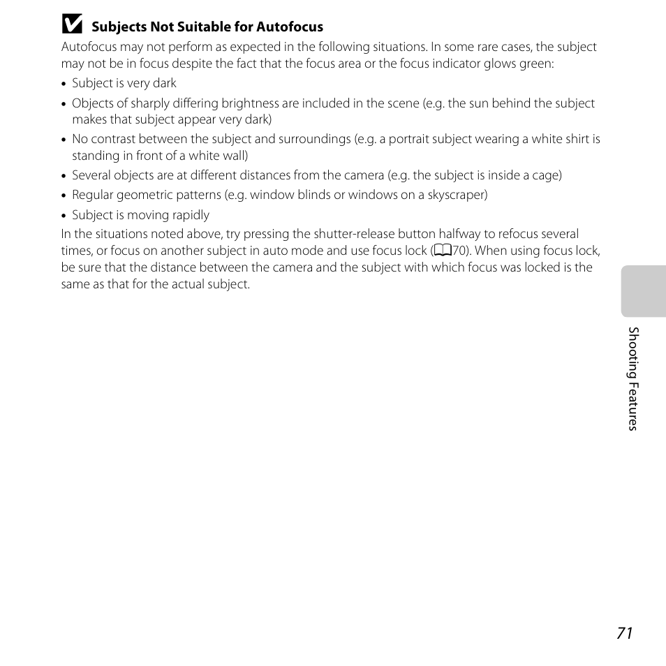 See “subjects not suitable for autofocus, A71) | Nikon S3500 User Manual | Page 89 / 248