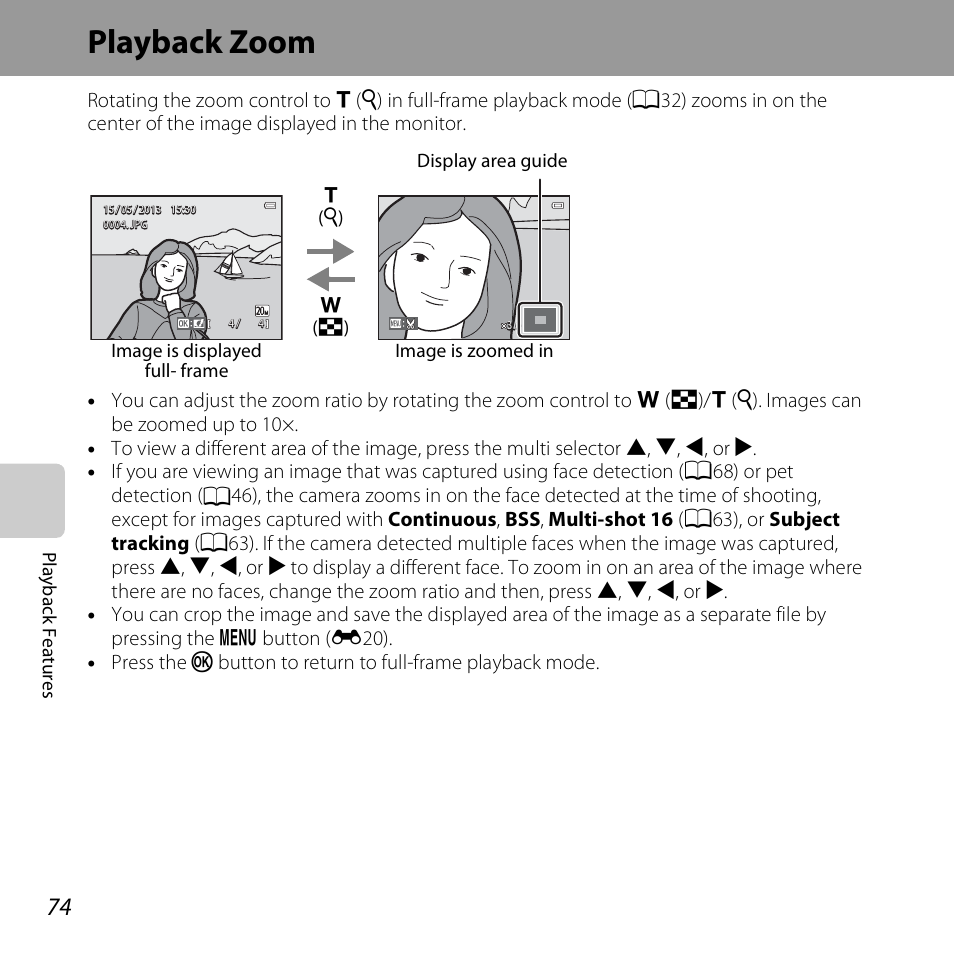 Playback zoom, See “playback zoom” (a74) for m | Nikon S3500 User Manual | Page 92 / 248