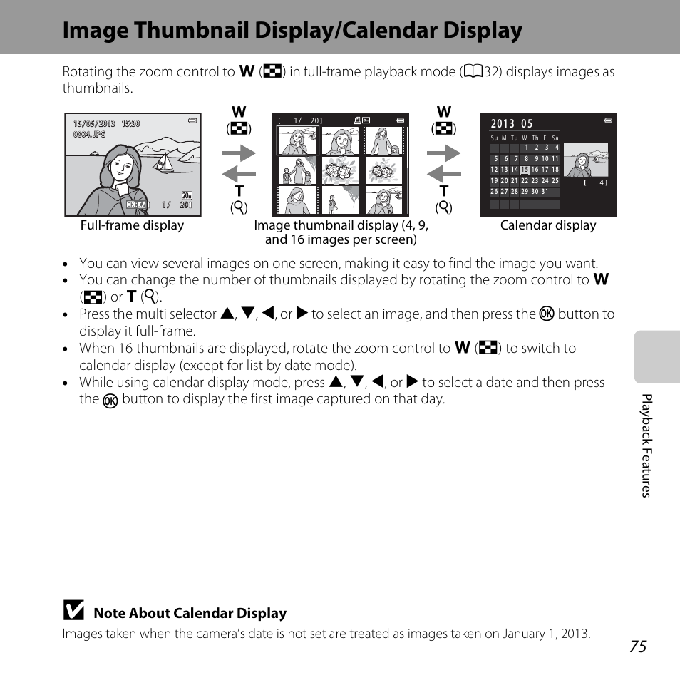 Image thumbnail display/calendar display, Image thumbnail display/calendar display” (a75) fo | Nikon S3500 User Manual | Page 93 / 248