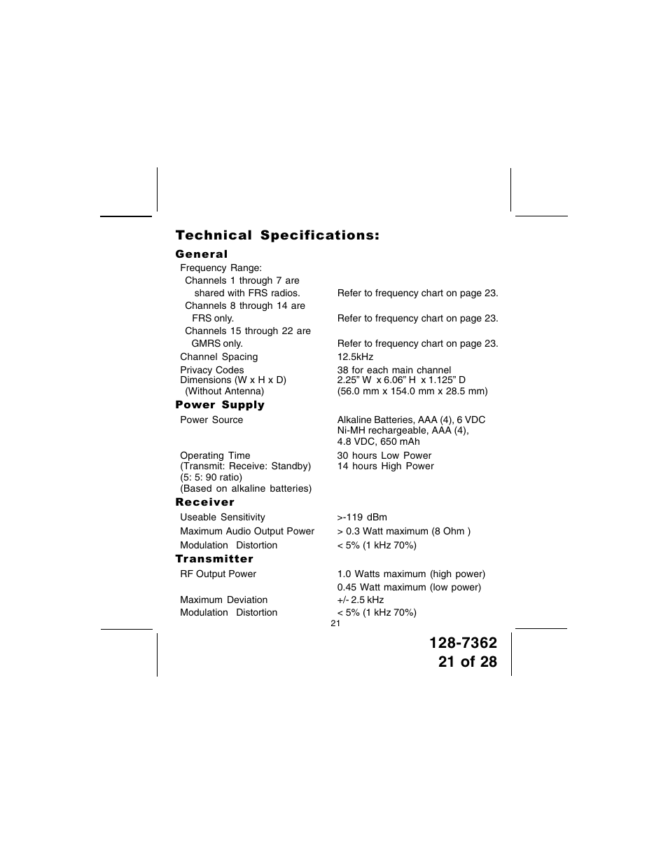 Technical specifications | Audiovox GMRS602CH User Manual | Page 21 / 28