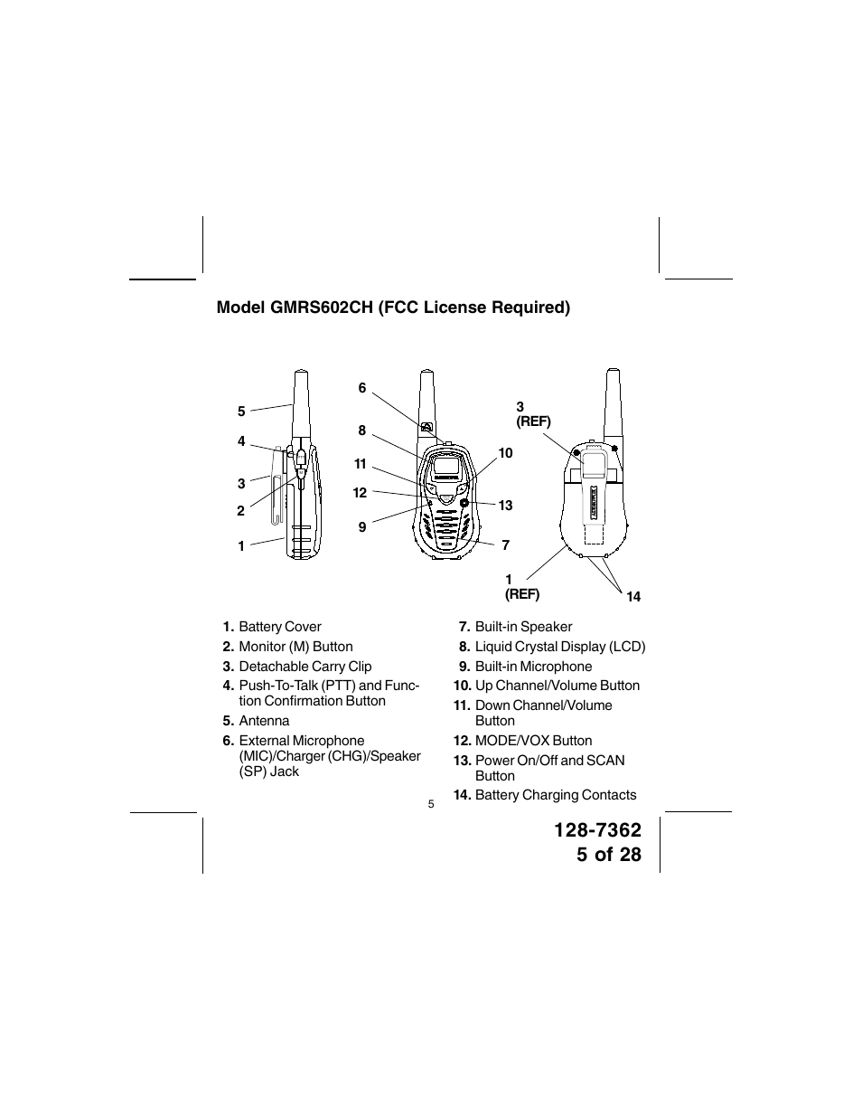 Model gmrs602ch (fcc license required) | Audiovox GMRS602CH User Manual | Page 5 / 28