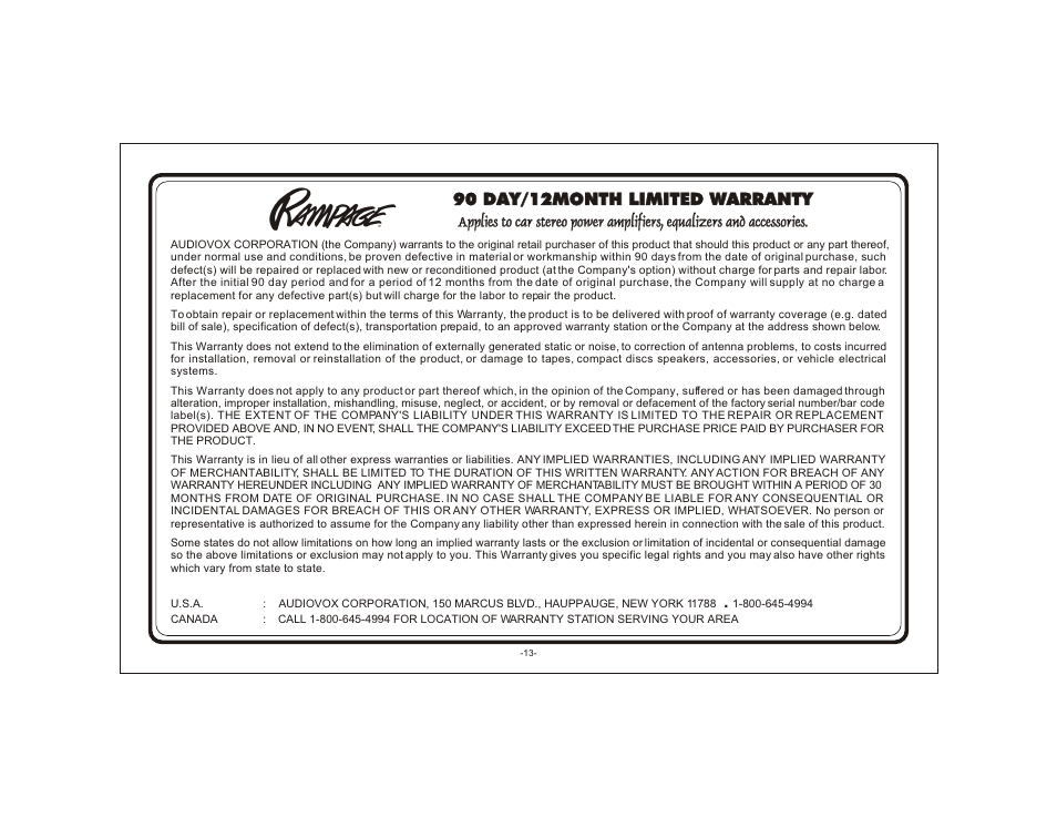 90 day/12month limited warranty | Audiovox Rampage AXT-550 User Manual | Page 13 / 14