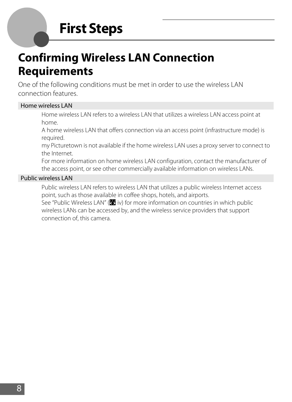 First steps, Confirming wireless lan connection requirements, A 8) | Nikon Coolpix S610 User Manual | Page 13 / 63