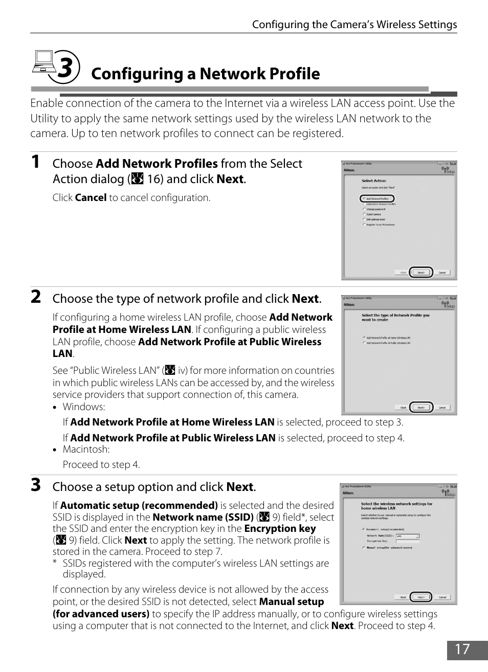 3 configuring a network profile, Configuring a network profile, A 17) | A 17, 28), A 17). specif, Ra (a 17) | Nikon Coolpix S610 User Manual | Page 22 / 63