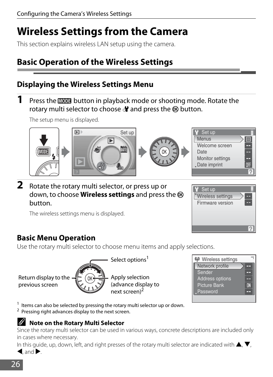 Wireless settings from the camera, Basic operation of the wireless settings, Displaying the wireless settings menu | Basic menu operation | Nikon Coolpix S610 User Manual | Page 31 / 63