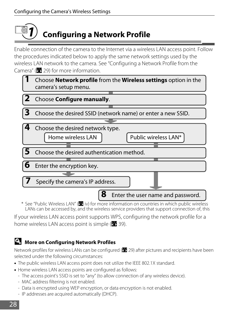 1 configuring a network profile, Configuring a network profile, A 28) | Nikon Coolpix S610 User Manual | Page 33 / 63