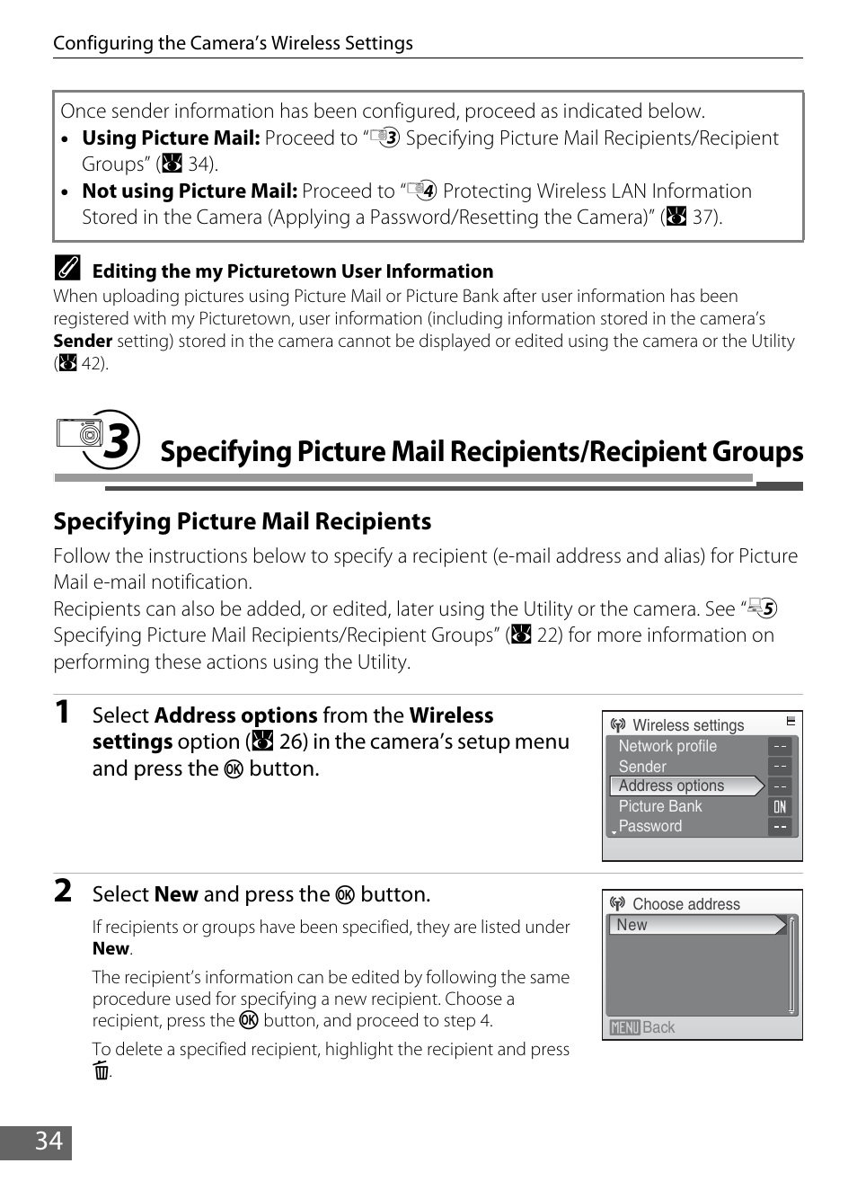 A 34, C specifying, Picture mail recipients/recipient groups | A 34), 34 c | Nikon Coolpix S610 User Manual | Page 39 / 63