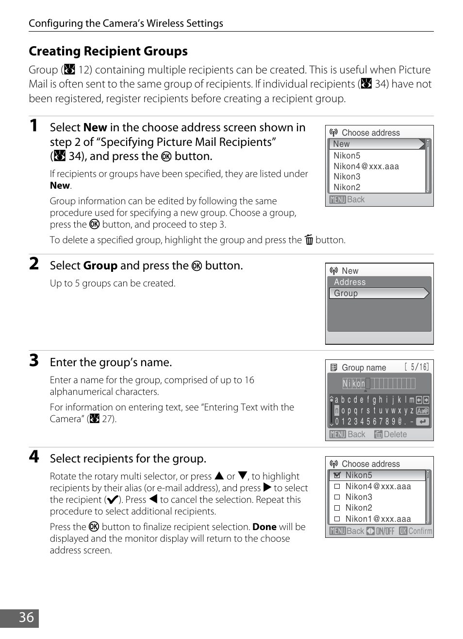 E “creating recipient groups, A 36), Creating recipient groups | Nikon Coolpix S610 User Manual | Page 41 / 63