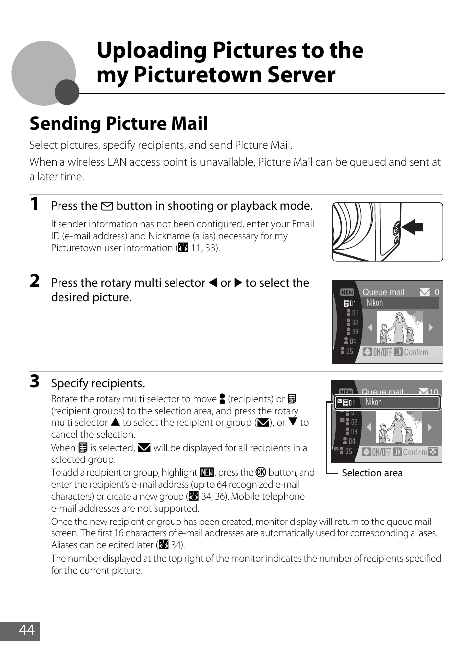 Uploading pictures to the my picturetown server, Sending picture mail, A 44) | A 44) or p | Nikon Coolpix S610 User Manual | Page 49 / 63