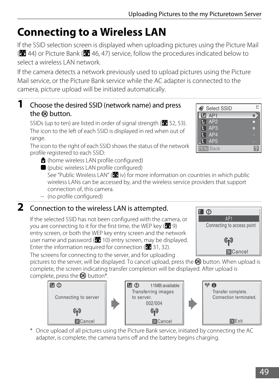 Connecting to a wireless lan, See “connecting to a wireless lan, A 49) for | Button, Connection to the wireless lan is attempted | Nikon Coolpix S610 User Manual | Page 54 / 63