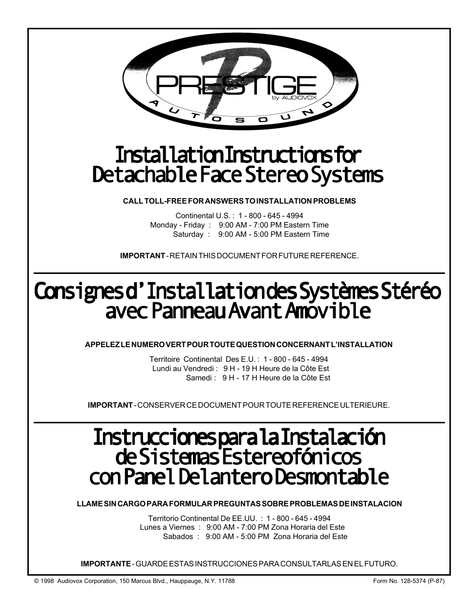 Audiovox Prestige Detachable Face Stereo System User Manual | 4 pages