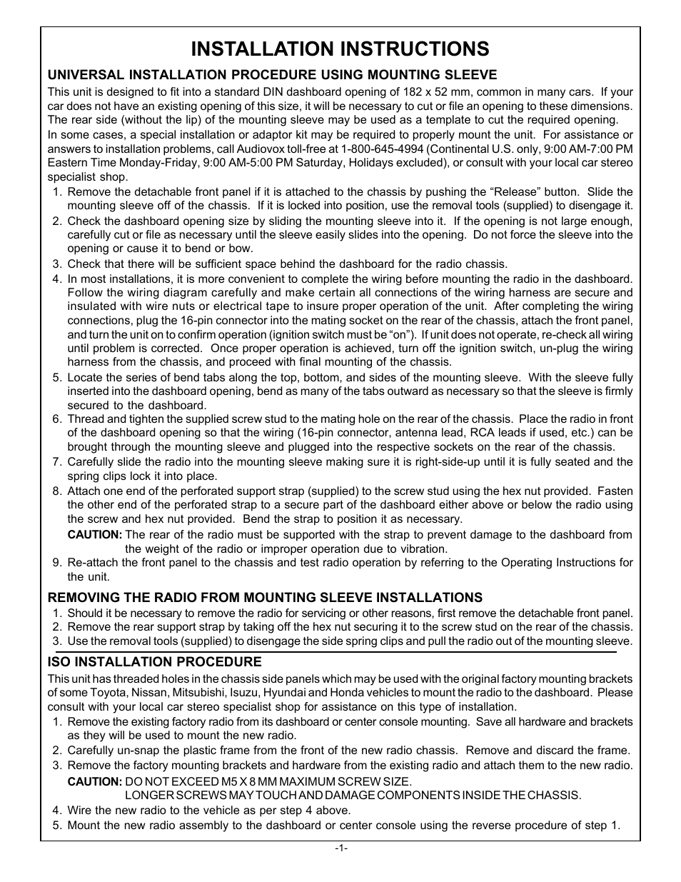 Installation instructions | Audiovox Prestige Detachable Face Stereo System User Manual | Page 2 / 4