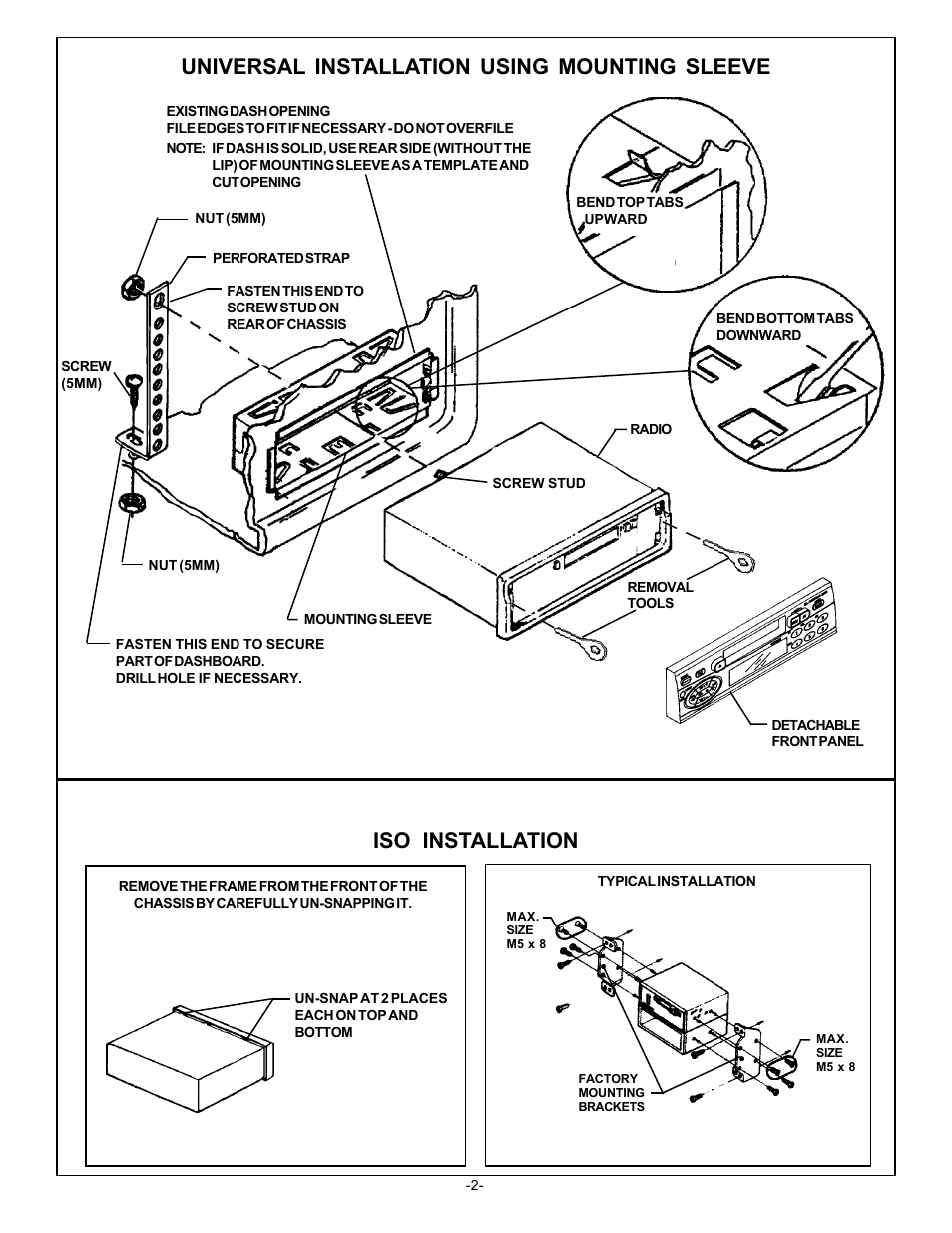 Iso installation, Universal installation using mounting sleeve | Audiovox Prestige Detachable Face Stereo System User Manual | Page 3 / 4