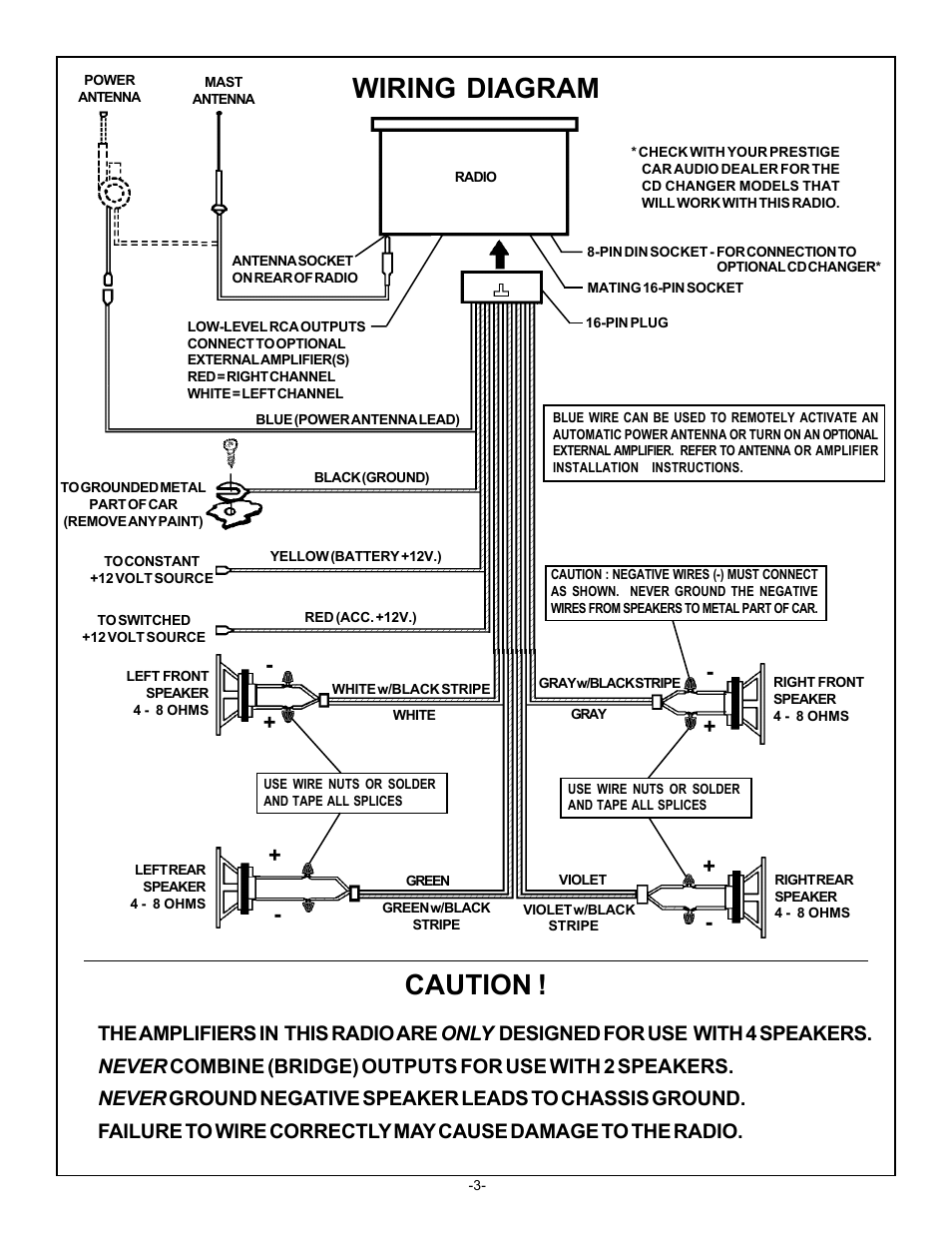Wiring diagram, Caution | Audiovox Prestige Detachable Face Stereo System User Manual | Page 4 / 4