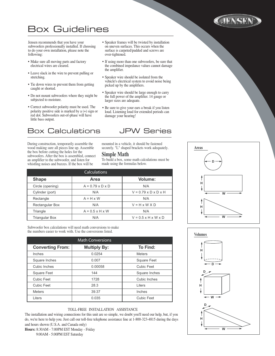 Box guidelines, Jpw series box calculations, Simple math | Audiovox JPW124 User Manual | Page 2 / 5