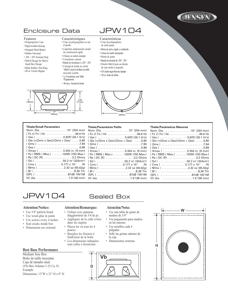 Jpw104, Enclosure data, Sealed box | Attention/notice, Attention/remarque, Atención/nota, Best bass performance | Audiovox JPW124 User Manual | Page 3 / 5