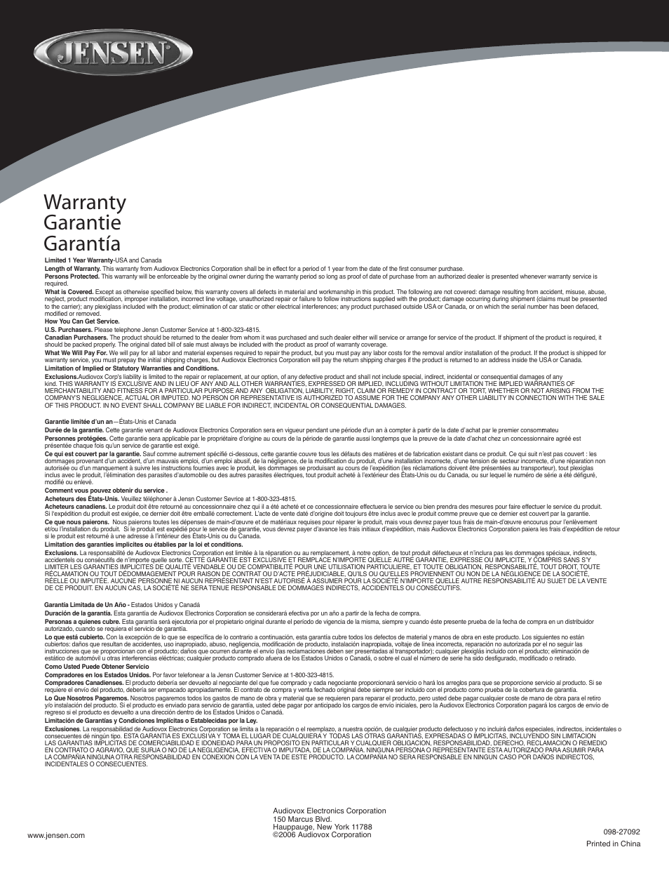 Warranty garantie garantía | Audiovox JPW124 User Manual | Page 5 / 5