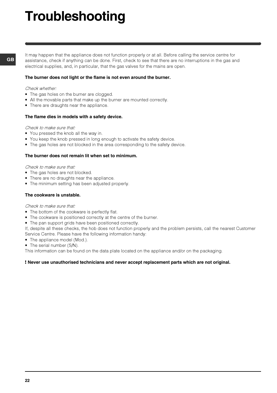 Troubleshooting | Indesit PIM640ASWH User Manual | Page 22 / 56