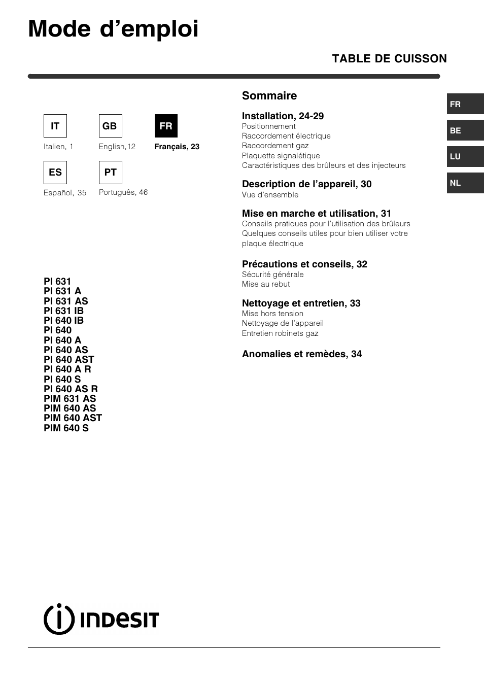 Mode d’emploi, Table de cuisson, Sommaire | Indesit PIM640ASWH User Manual | Page 23 / 56