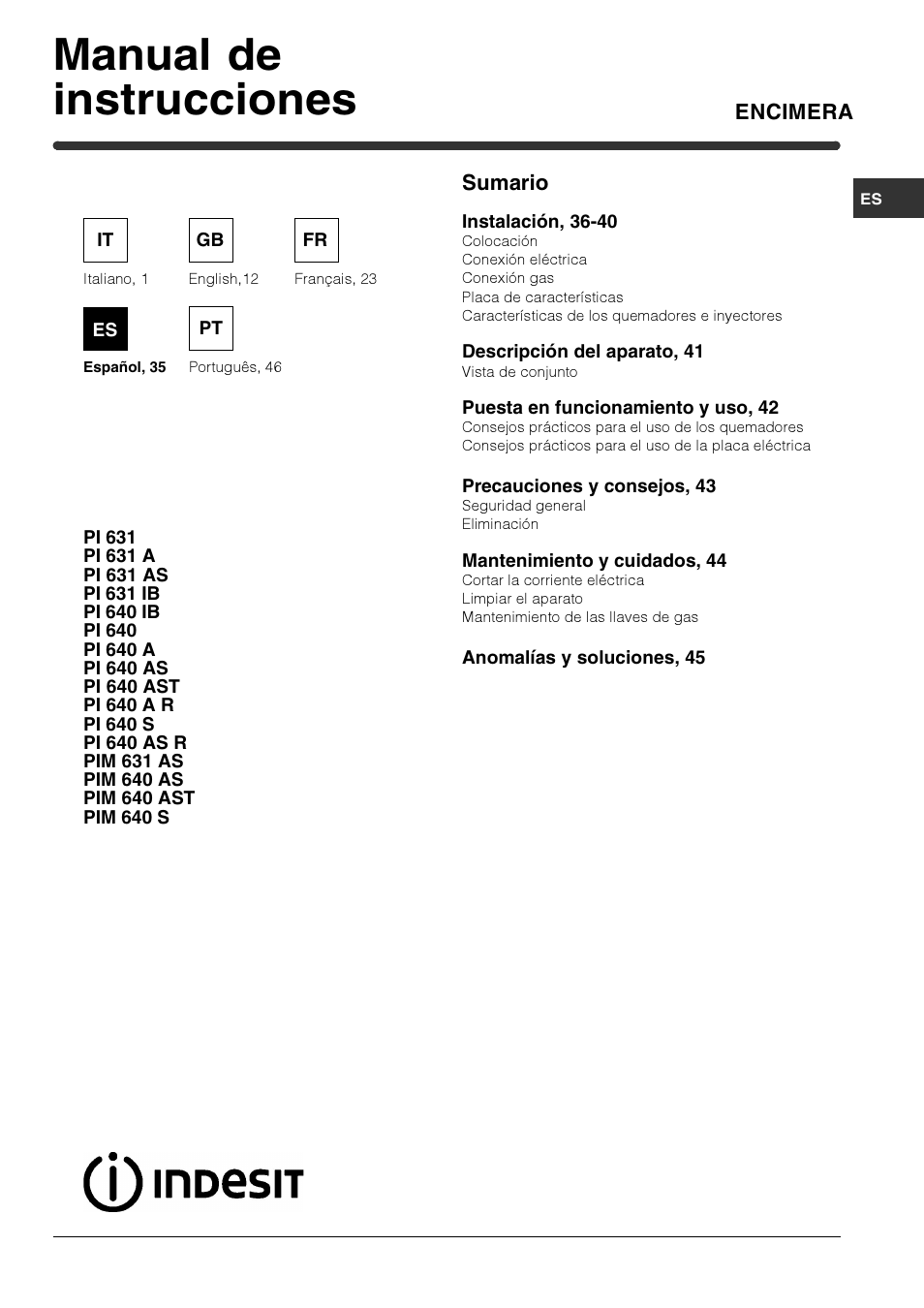 Manual de instrucciones | Indesit PIM640ASWH User Manual | Page 35 / 56
