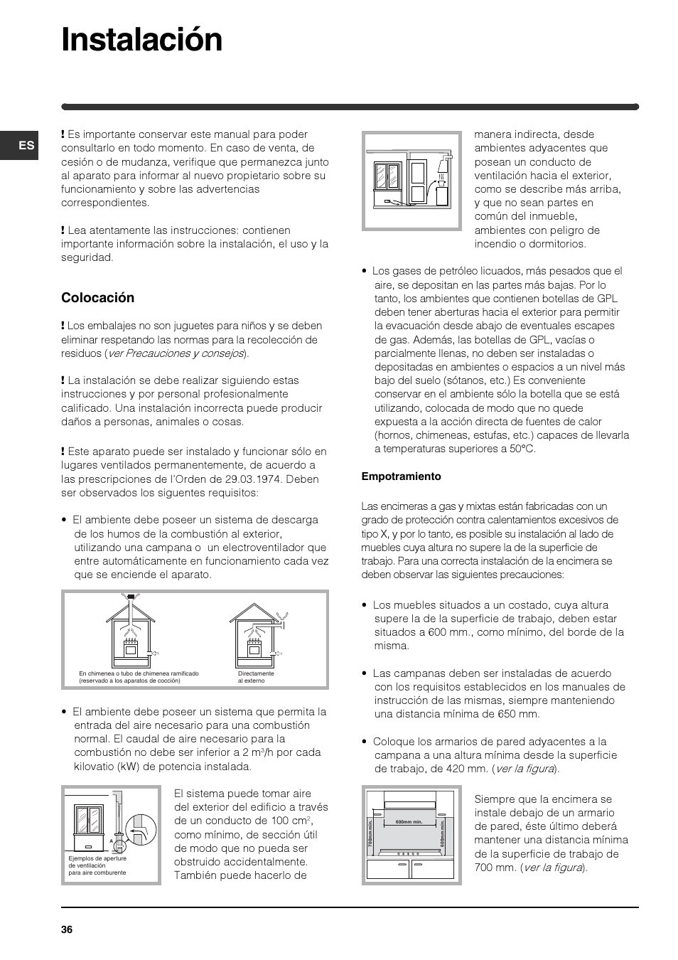 Instalación, Colocación | Indesit PIM640ASWH User Manual | Page 36 / 56