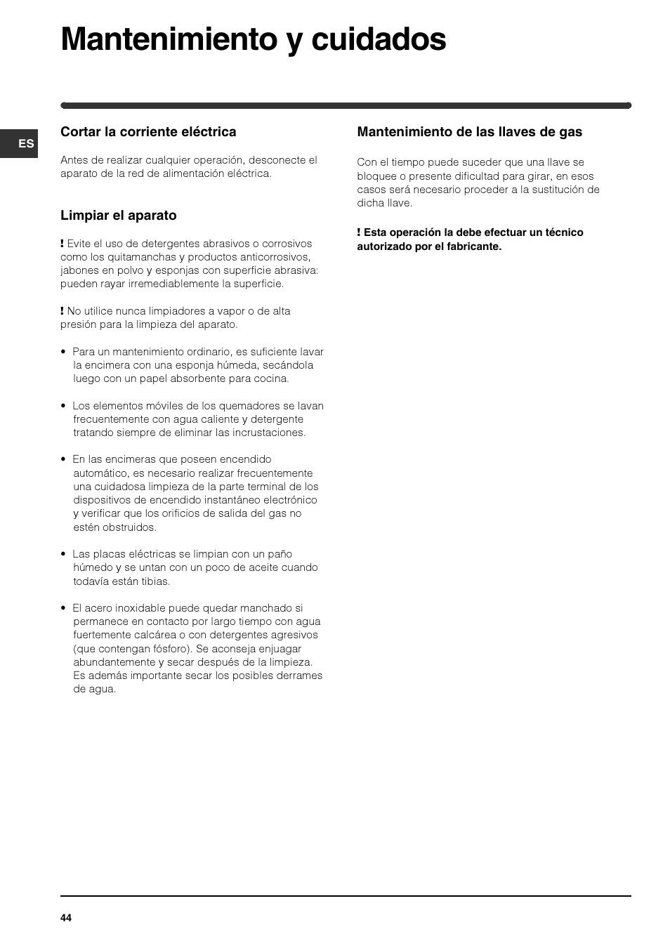 Mantenimiento y cuidados | Indesit PIM640ASWH User Manual | Page 44 / 56