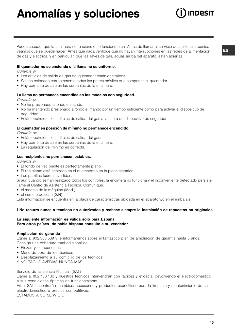 Anomalías y soluciones | Indesit PIM640ASWH User Manual | Page 45 / 56