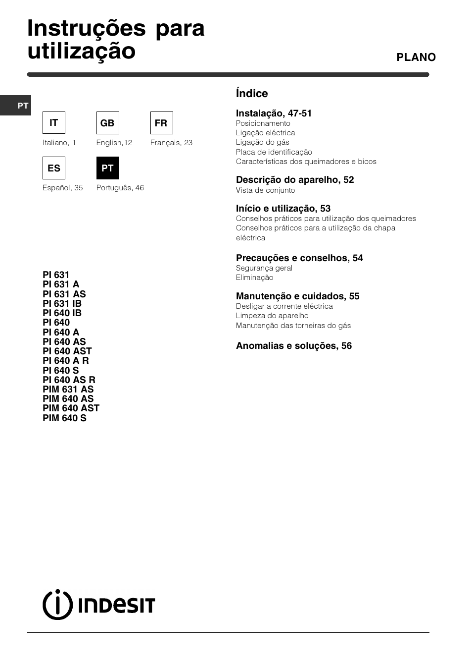 Instruções para utilização | Indesit PIM640ASWH User Manual | Page 46 / 56