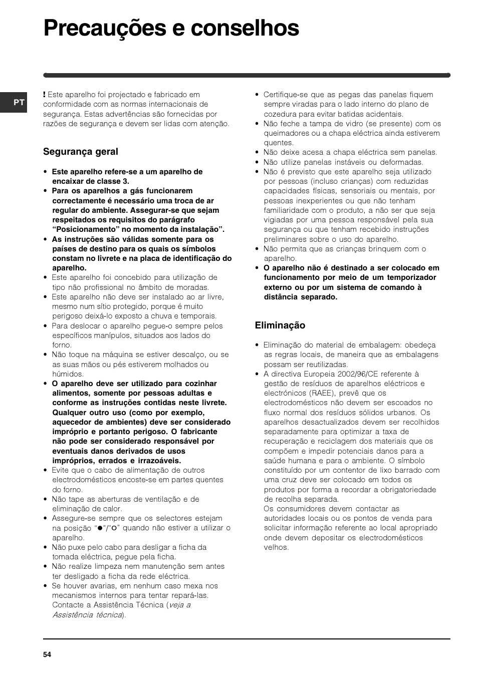 Precauções e conselhos | Indesit PIM640ASWH User Manual | Page 54 / 56