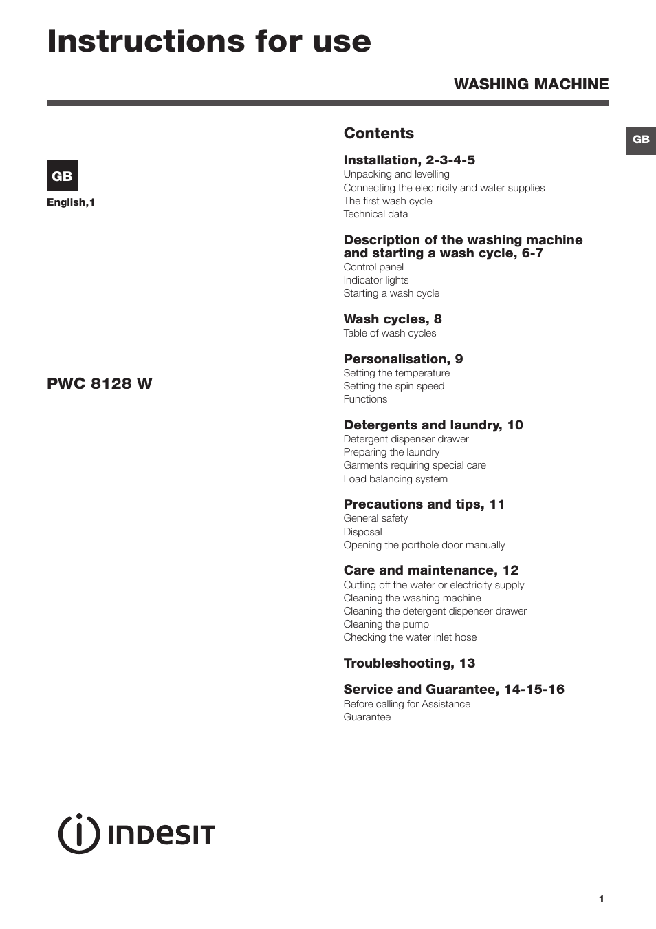 Indesit PWC8128W User Manual | 16 pages