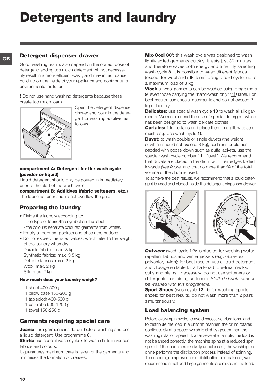 Detergents and laundry | Indesit PWC8128W User Manual | Page 10 / 16