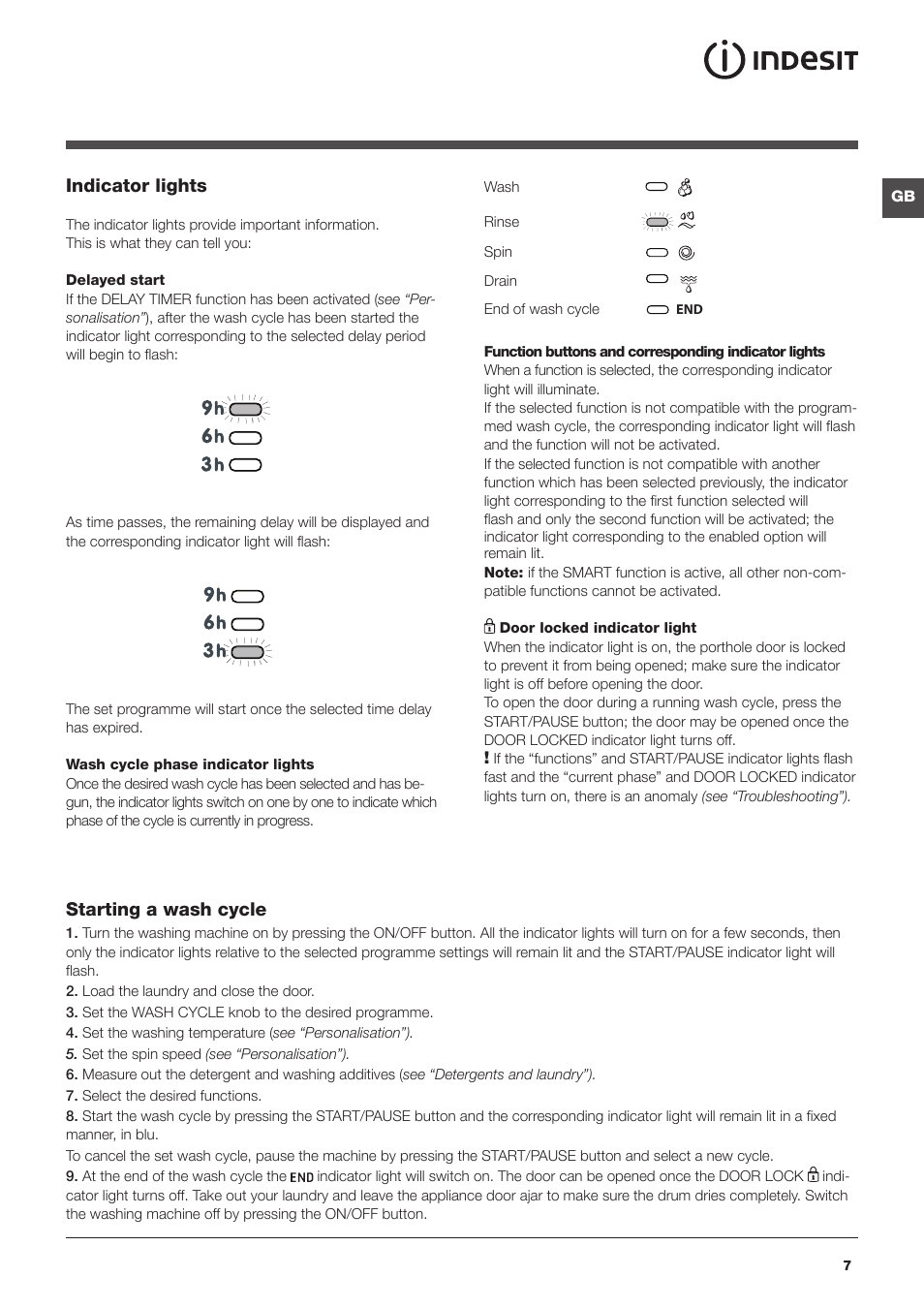 Indicator lights, Starting a wash cycle | Indesit PWC8128W User Manual | Page 7 / 16