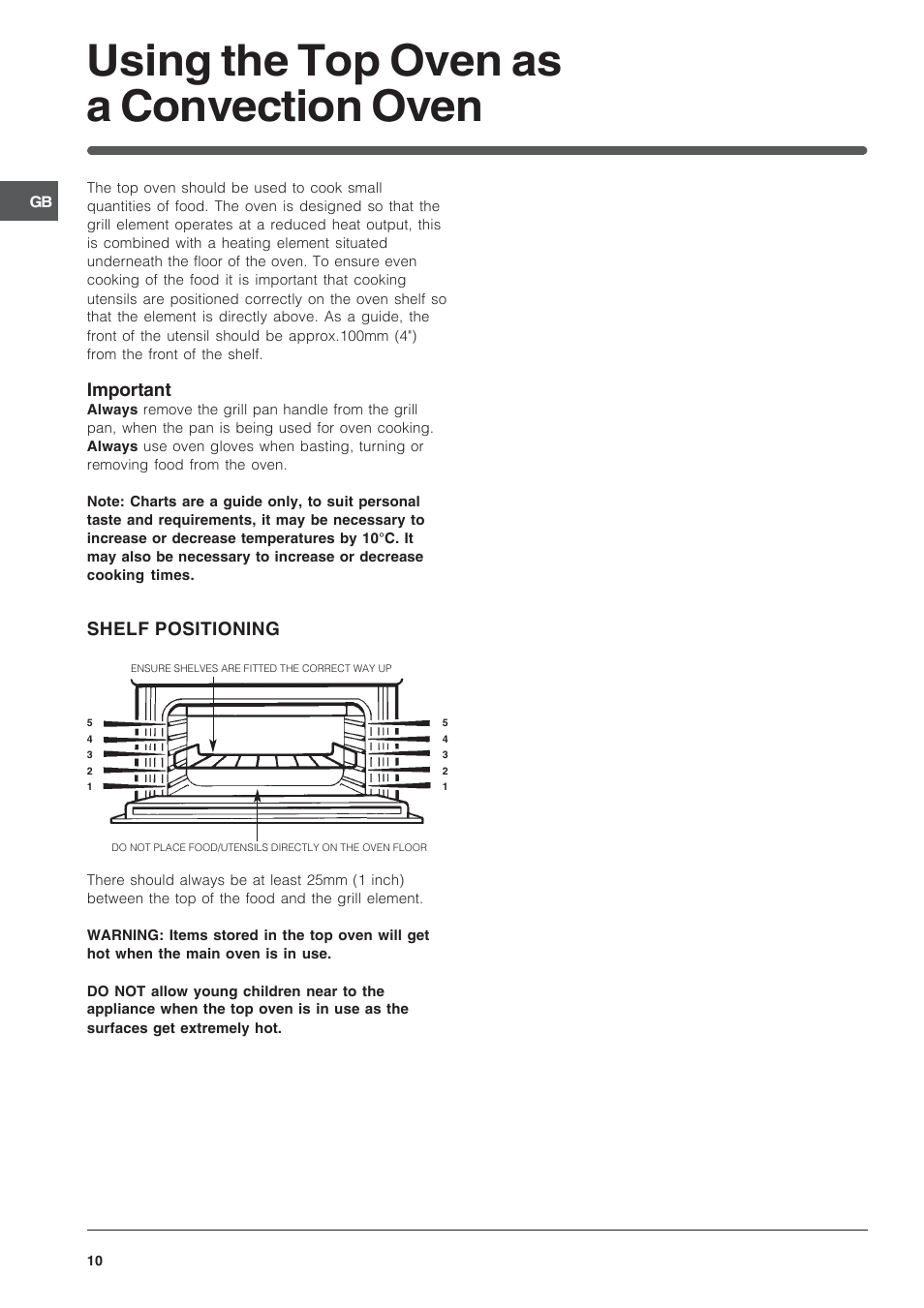 Using the top oven as a convection oven, Important, Shelf positioning | Indesit FIMU23WH User Manual | Page 10 / 28
