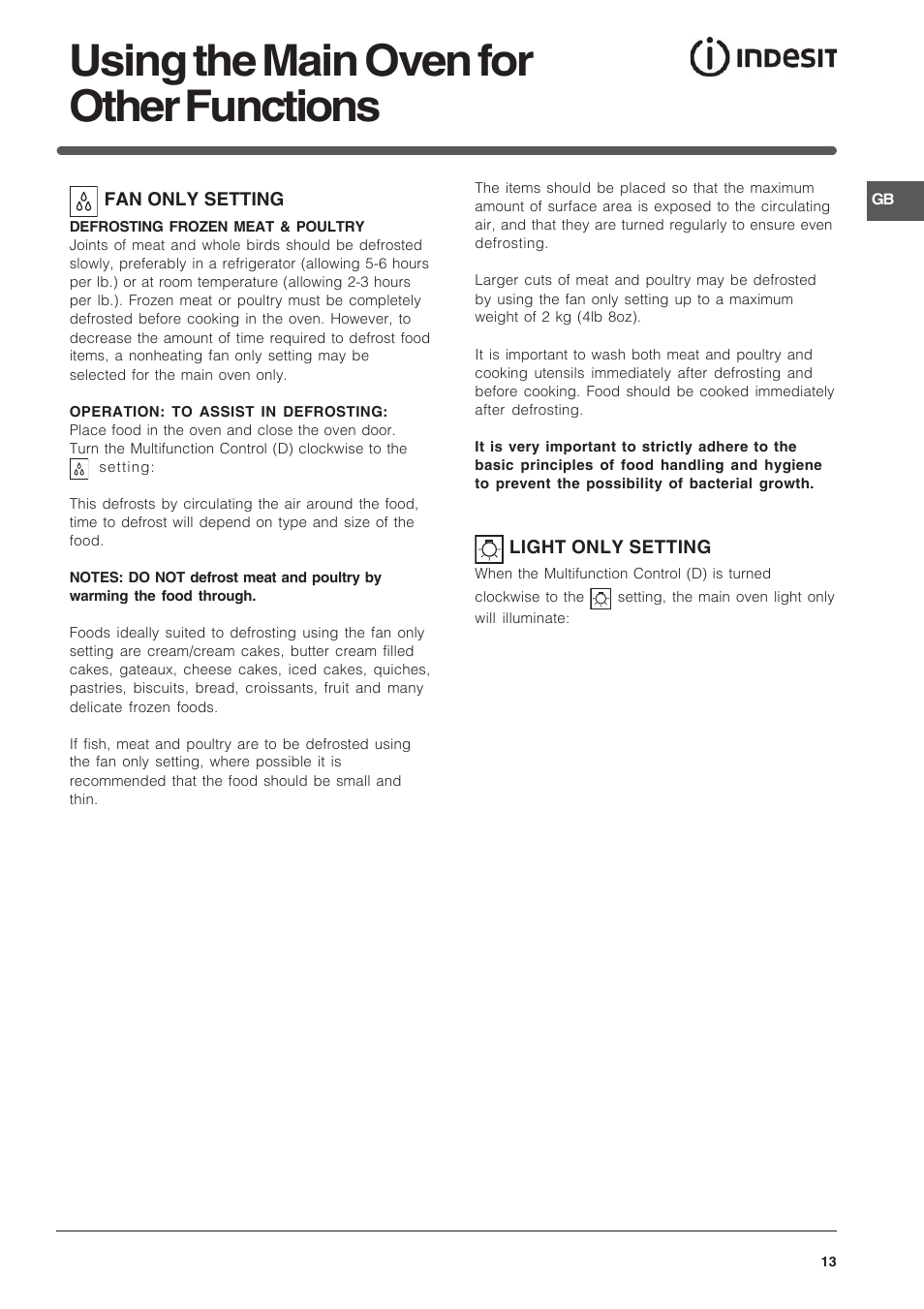 Using the main oven for other functions | Indesit FIMU23WH User Manual | Page 13 / 28