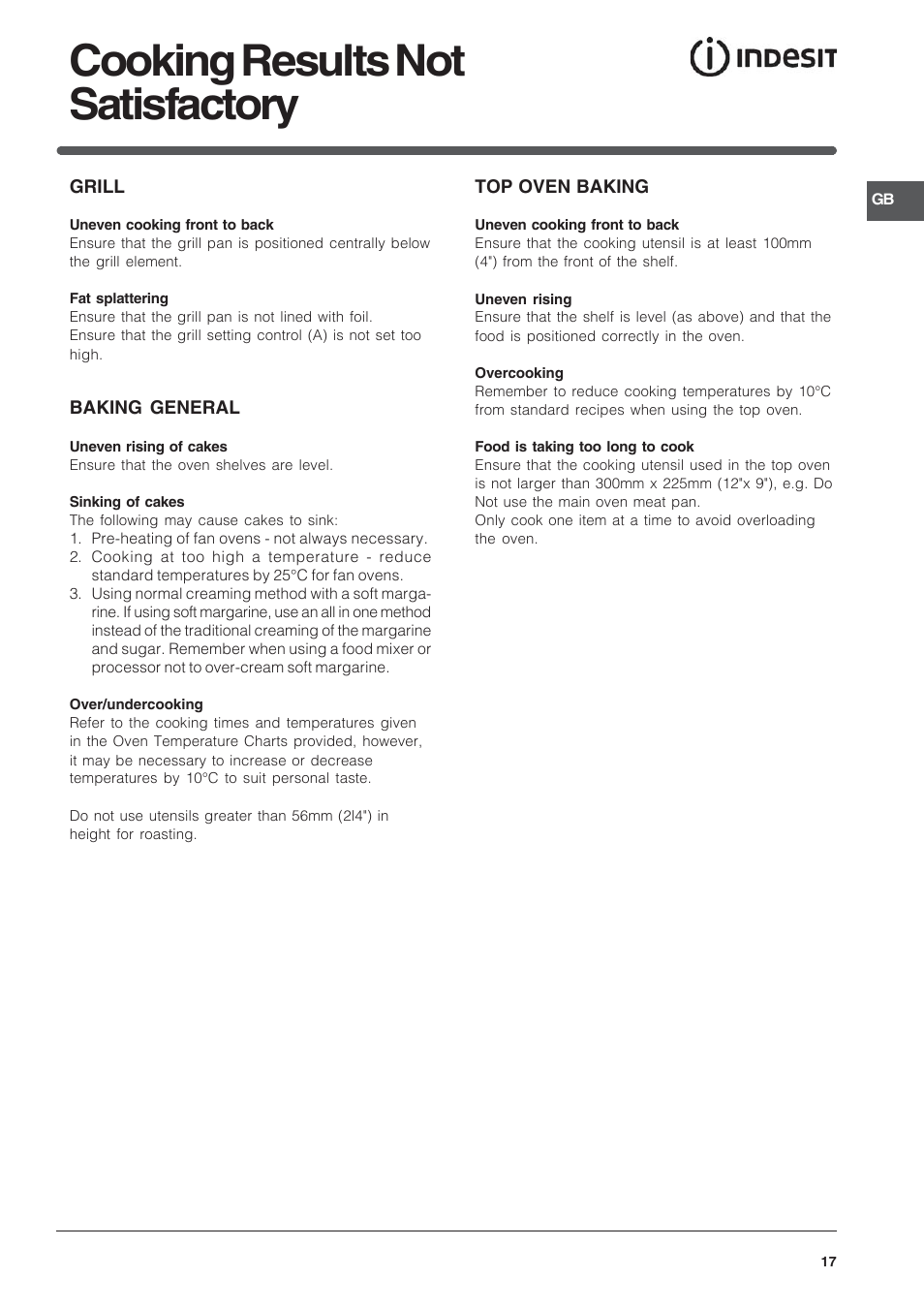 Cooking results not satisfactory | Indesit FIMU23WH User Manual | Page 17 / 28