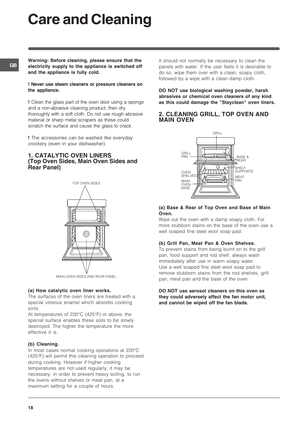 Care and cleaning, Cleaning grill, top oven and main oven | Indesit FIMU23WH User Manual | Page 18 / 28